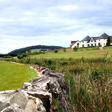 View of the Drumoig Golf Hotel from the wall marking out of bounds on the eighteenth hole